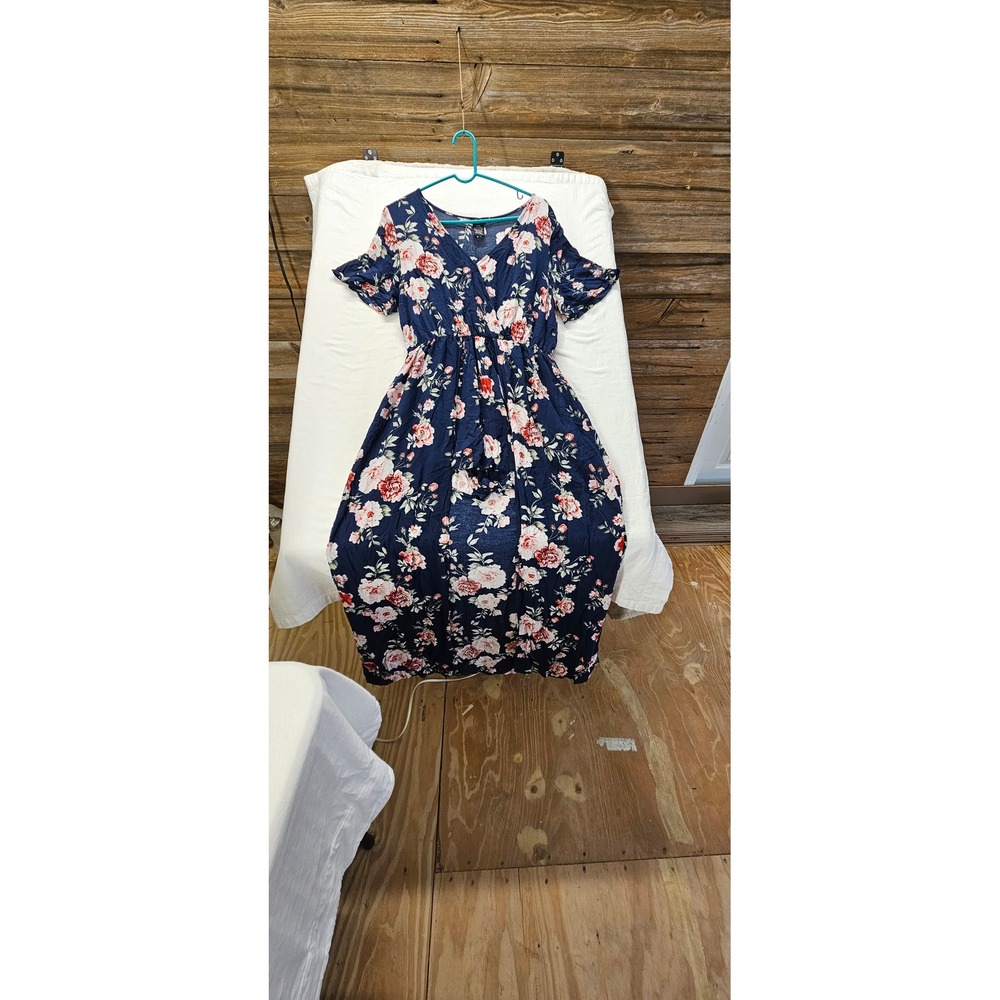 Justify Womens XL Navy Blue Floral Maxi Dress V-Neck Short Sleeve Rayon Dress‎